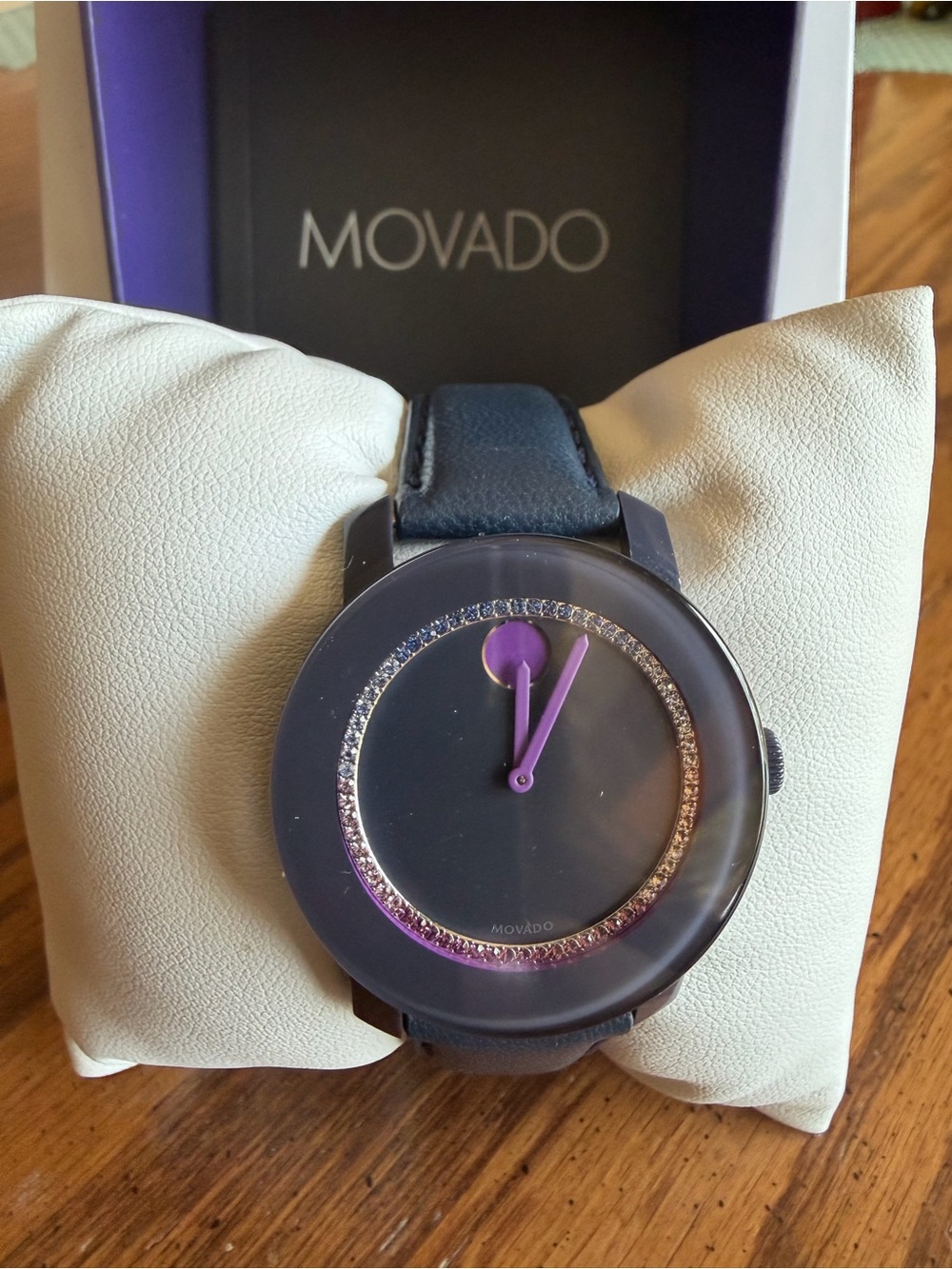 Movado Black Watch with Purple Hands and Crystal Ring